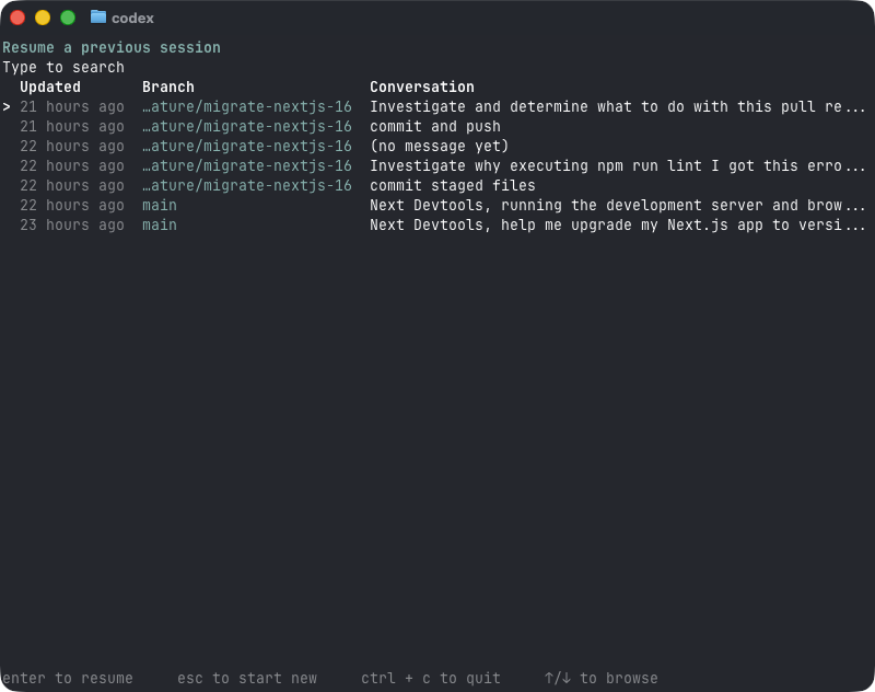 We can now jump back into previous chats with the new /resume command in Codex CLI v0.65.0🙌