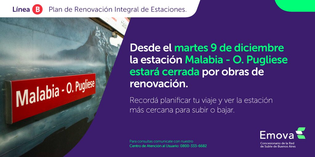 Emova_arg's tweet image. 🚨 ¡Atención usuarios!

📅 Desde el martes 9 de diciembre la estación Malabia - Osvaldo Pugliese de la #LíneaB estará cerrada por obras de renovación.