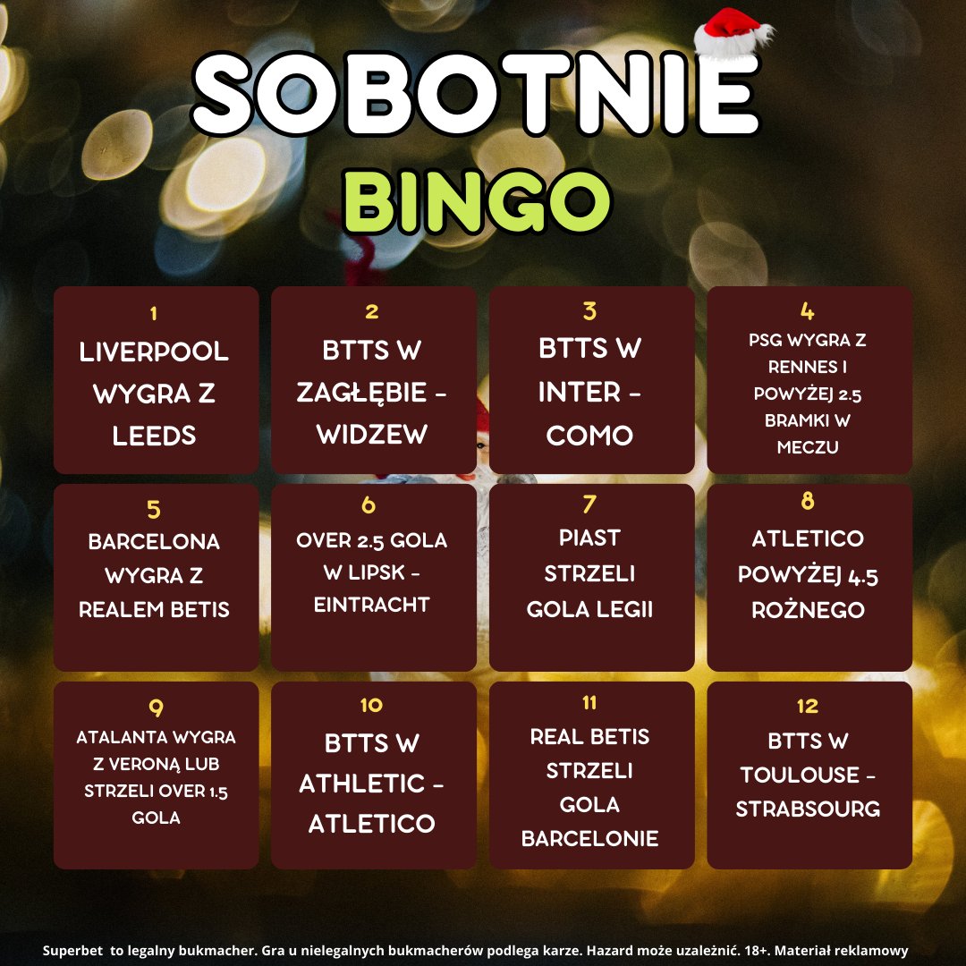 na_zielono's tweet image. SOBOTNIE BINGO + PROMO DLA NOWYCH 🤶

300 zł za wygraną lub remis Barcelony na start w Superbet ▶️ nazielono.pl/300-pln-za-wyg…

Podaj 6 zdarzeń, które będą miały miejsce w sobotę. Wystarczy wpisać w komentarzu 6 liczb ✍️

Dwie osoby, które trafią całość zgarną po 50 zł freebetu. Przy…