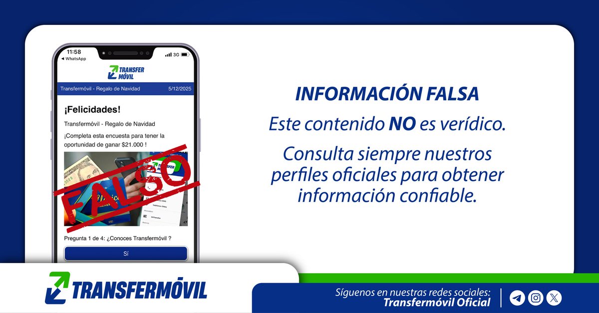 🚨 Está circulando INFORMACIÓN FALSA sobre supuesto premio preparado por Transfermóvil por motivo de Navidad. 

Consulta siempre nuestros perfiles oficiales para obtener información confiable. 📌