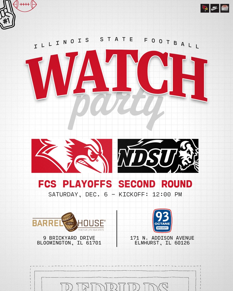 RedbirdFB's tweet photo. Redbird fans join in on the #FCSPlayoff action by catching our round 2 matchup against the North Dakota State Bison on Saturday at either the Barrel House or 93 Octane! https://t.co/T9oCZ3PUvk