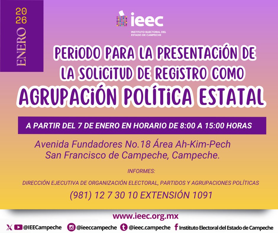 📅Periodo para la Presentación de la Solicitud de Registro como Agrupación Política Estatal. ✍👇
#IEEC #CiudadaniaInformada