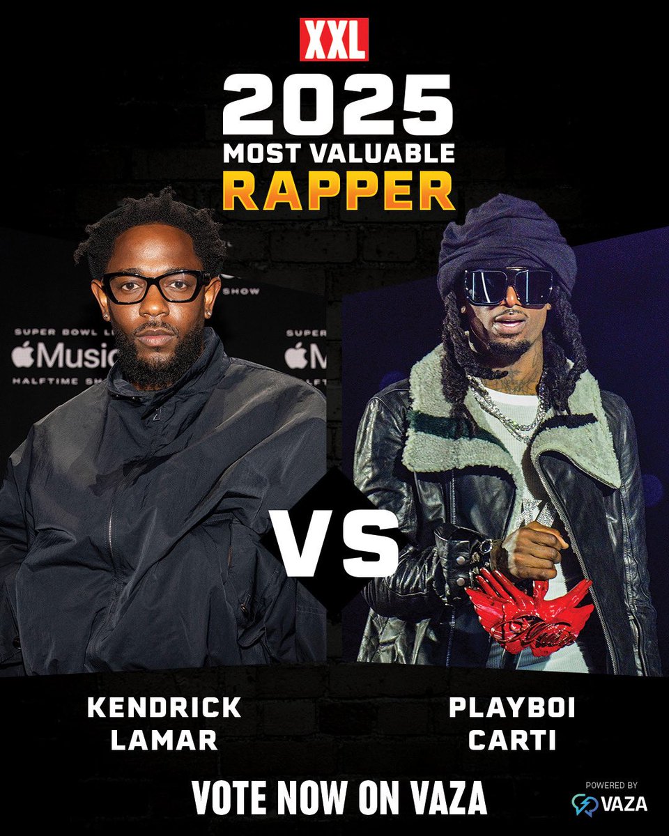 XXL's tweet photo. 🏆XXL's 2025 Most Valuable Rapper bracket 🏆

Kendrick Lamar and Playboi Carti go head-to-head in the first matchup of round two 👀 after Gunna defeated G Herbo in the final matchup in round one.

Who claims their spot in the next round?🤔

Vote for free OR stake money on your pick. Winners get PAID from the losing side 👀🍿

Head to @vazainc to vote now! ⬇️ 

https://t.co/5ITyTihzsL

Powered by VAZA
