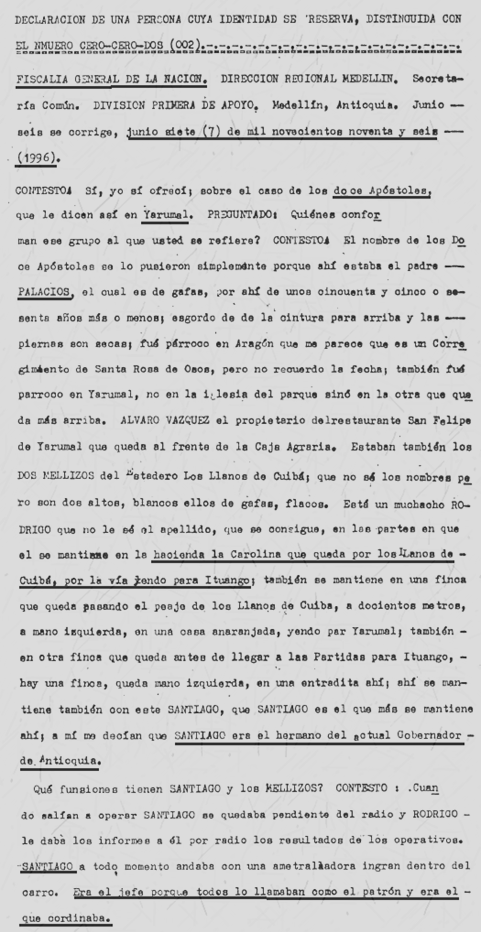 !Atención! Al condenarse a Santiago Uribe como jefe del paramilitarismo en Yarumal, este informe oficial de la fiscalía lo relacionaría con la masacre del Aro, pues se señala que el grupo que cometió ese crimen, le rendía cuentas al jefe paramilitar de Yarumal. Todo va encajando.
