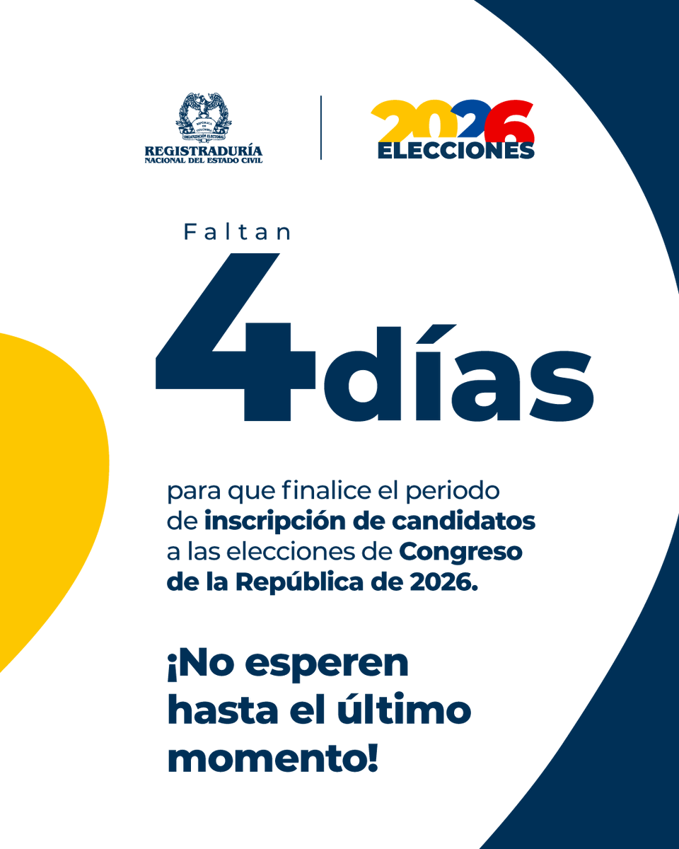 Registraduria's tweet photo. El próximo lunes, 8️⃣ de diciembre, finaliza la inscripción de candidatos para las elecciones de Congreso de la República de 2026 🗳️.

Hacemos un llamado a las organizaciones políticas a que no esperen hasta el último momento para realizar el trámite de inscripción. https://t.co/t08bhEmu0y