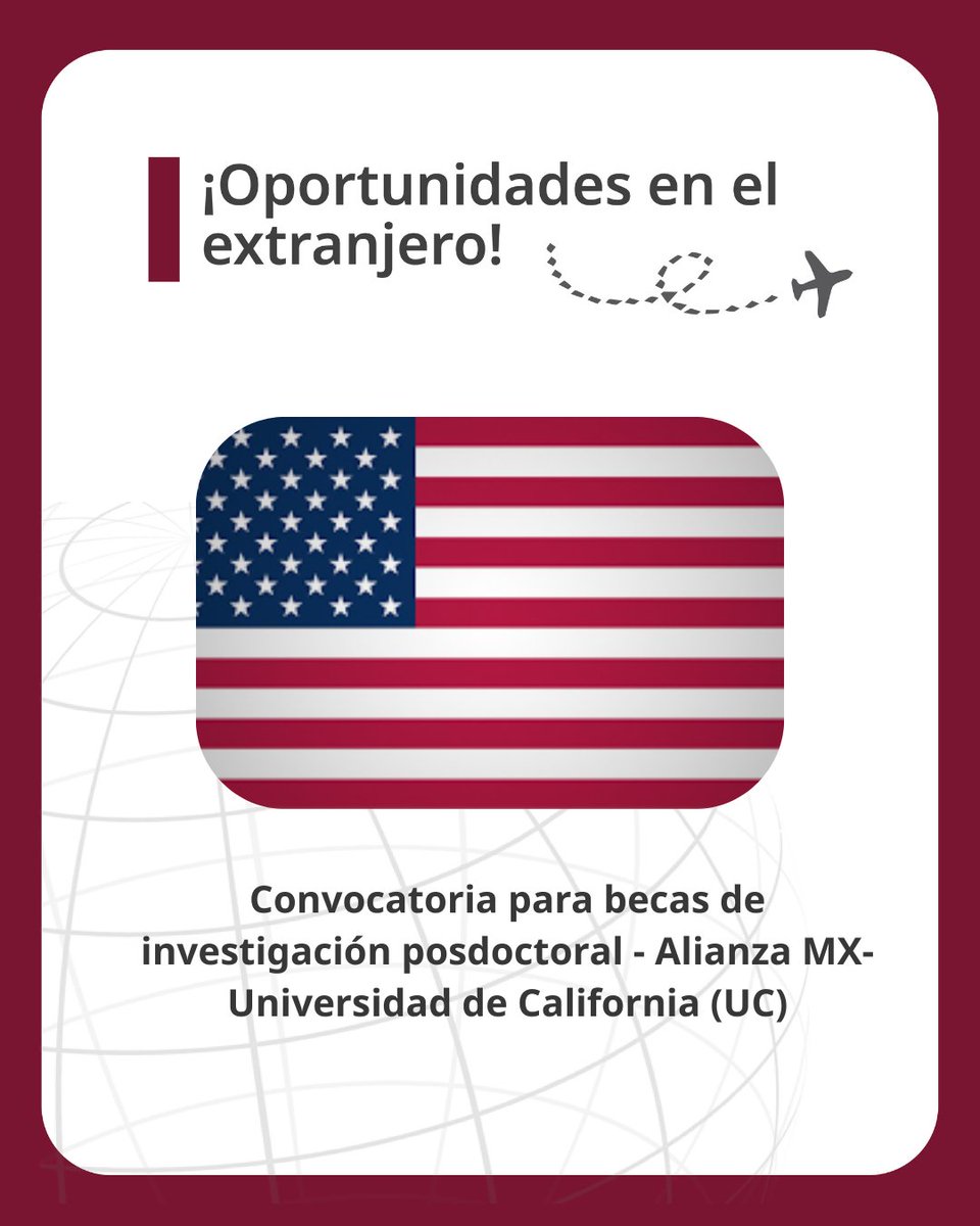 🎓 Convocatoria UC–Alianza MX 2026
Becas posdoctorales para realizar una estancia de 2 años en la Universidad de California.

Recién graduados de doctorado
Proyectos que fortalezcan la colaboración México–EE. UU.

Cierre: 2 marzo 2026
Consulta y aplica en la convocatoria oficial.