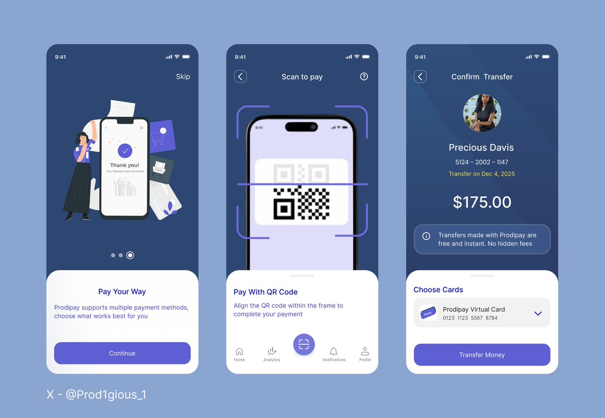 Prod1gious_1's tweet photo. A clean, consistent payment flow can change everything.
In this concept, I designed for a calmer visual aesthetic, smooth QR scanning interaction, clear transfer summaries

Your feedback is highly welcomed! 
#UXDesign #ProductDesign https://t.co/9tCSOqXwsu