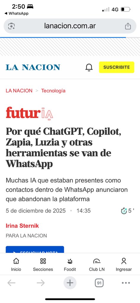 Chau bots de terceros en WhatsApp. Por que se va Zapia, Copilot, Luzia o ChatGPT de WhatsApp 

lanacion.com.ar/tecnologia/por…
