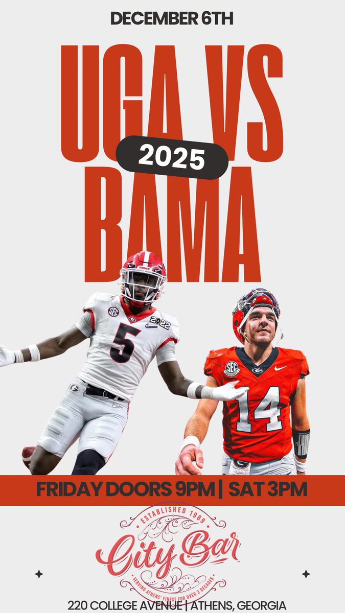 CITYBAR WEEKEND MODE 🔥🐶

We’re opening TONIGHT at 9PM to kick off SEC Championship Weekend the right way!
🔥 Deals all night
🔥 Big weekend energy

Then SATURDAY we’re back OPEN at 3PM with games on the projector all day as we cheer on the DAWGS! ❤️🖤🐾

Pull up, bring the crew