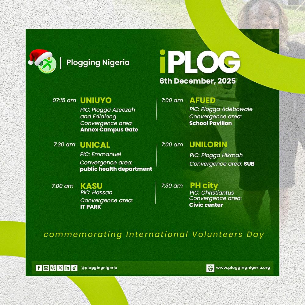 Plogging Nigeria is strong because YOU show up.
To every Plogga keeping our streets clean and our movement alive — thank you. 💚

Your energy cleans our communities.

Today, we celebrate you.

Live. Love. Plog. 🌍✨
#PloggingNigeria
#SeasonsGreenThings
#InternationalVolunteerDay