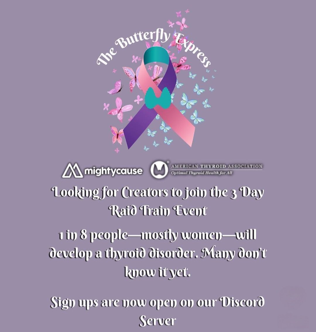 RAID TRAIN Opportunity 💜

<a href="/Jesster_Li/">Jesster Li</a> is bringing awareness to Thyroid Cancer/Disease with Charity for The Butterfly Express in January 

If this is something you'd like to do please let us know 🩷