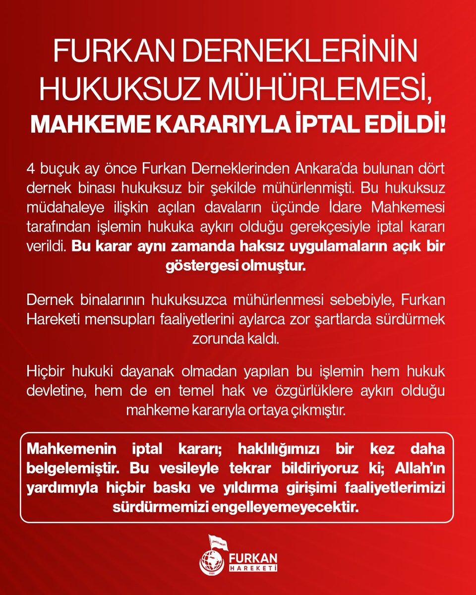 FURKAN DERNEKLERİNİN HUKUKSUZ MÜHÜRLENMESİ, MAHKEME KARARIYLA İPTAL EDİLDİ! 

4 buçuk ay önce Furkan Derneklerinden Ankara’da bulunan dört dernek binası hukuksuz bir şekilde mühürlenmişti. Bu hukuksuz müdahaleye ilişkin açılan davaların üçünde İdare Mahkemesi tarafından işlemin