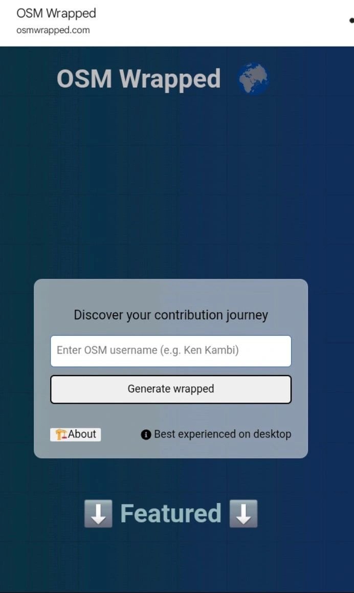 Today  <a href="/OSMKenya/">OpenStreetMapKE</a>  Launched OsmWrapped.Check out osmwrapped.com a brand-new tool by our own  <a href="/KathukyaJ/">Joseph Munyenze</a>  and <a href="/KenKambi/">Thinking_aloud</a> It turns your OpenStreetMap edits into cool heatmaps, shows mapping history &amp; yearly stats so you can visualise your impact. 🌍