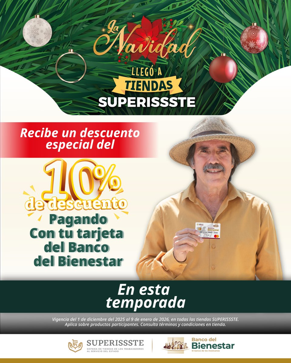 ISSSTE_mx's tweet image. ☃️ ¡La época del tuki-tuki llegó a #SUPERISSSTE! 🪅
 
Y con ella… 😎 Los descuentazos que te hacen sonreír. 😁 Aprovecha 10% de descuento ✨ pagando con tu tarjeta del Banco del Bienestar o con vales de despensa del Gobierno de México y de la Ciudad de México 🇲🇽 y llévate lo que…