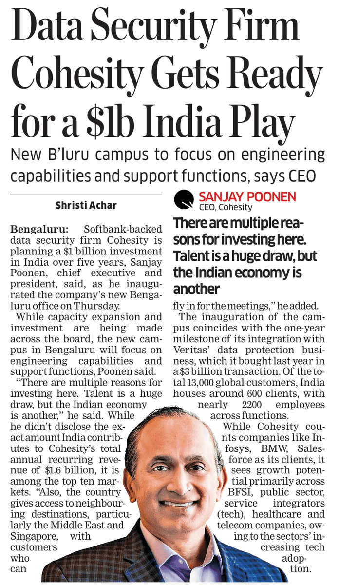 NaFaUpSpo's tweet photo. #SoftBank-backed data security firm #Cohesity announces a $1B investment in India after inaugurating its new #Bengaluru office.  BLR continues to attract #AI &amp; deep-tech giants—#Graphcore also committed $1B just months ago. Another big win for India’s tech ecosystem https://t.co/IsuWaTDAf8
