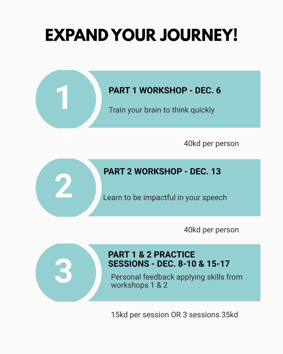 sandyq8_46's tweet photo. Ever feel you can't speak up when you need to? 

Online Workshop

Don't miss Part 1 of a 2-part series: Think Quickly on Your Feet starts TOMORROW,  Saturday,  Dec. 6 at 11am Kuwait time. 

Registration: https://t.co/5bPo4TFJsy 

#professionaldevelopment 
#publicspeaking 
#Online https://t.co/Ffpf18MLSb