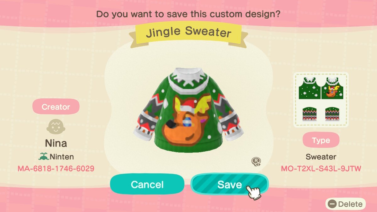 NintendoFrance's tweet photo. Égayez les fêtes sur votre île dans #AnimalCrossingNewHorizons avec trois motifs persos de « pulls moches » !

Les abonnés Nintendo Switch Online peuvent les télécharger en jeu à partir du portail des motifs persos. https://t.co/or1CZpA7xs