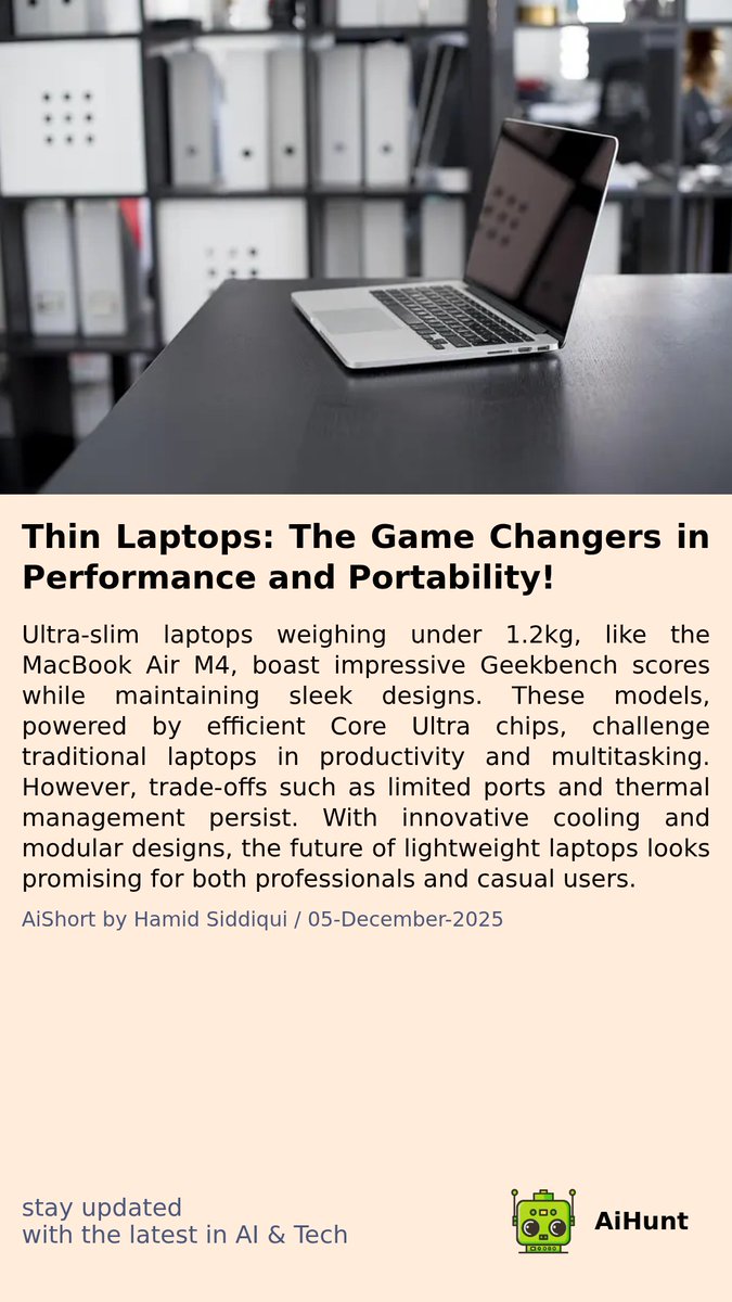 aihuntapp's tweet photo. ๐ฅ๏ธโจ Are ultra-slim laptops the future? With impressive Geekbench scores and sleek designs, the latest models are raising eyebrows. But are there hidden trade-offs? ๐ค Discover what innovations lie ahead! #TechTrends #LightweightLaptops https://t.co/WAzxaAX6ch