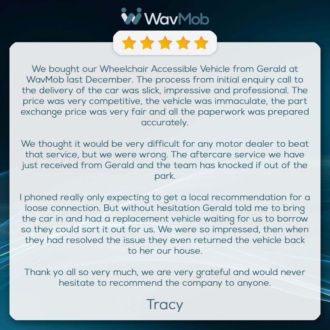 ⭐️⭐️⭐️⭐️⭐️ Google Review!

Tracy, we're honoured to have been part of your journey and delighted that you're happy with your new WAV!🚗

We offer a massive choice of quality second-hand WAVs - buff.ly/4hLwU3p

📞 Call us on 02392 245570
✉️ sales@wavmob.co.uk