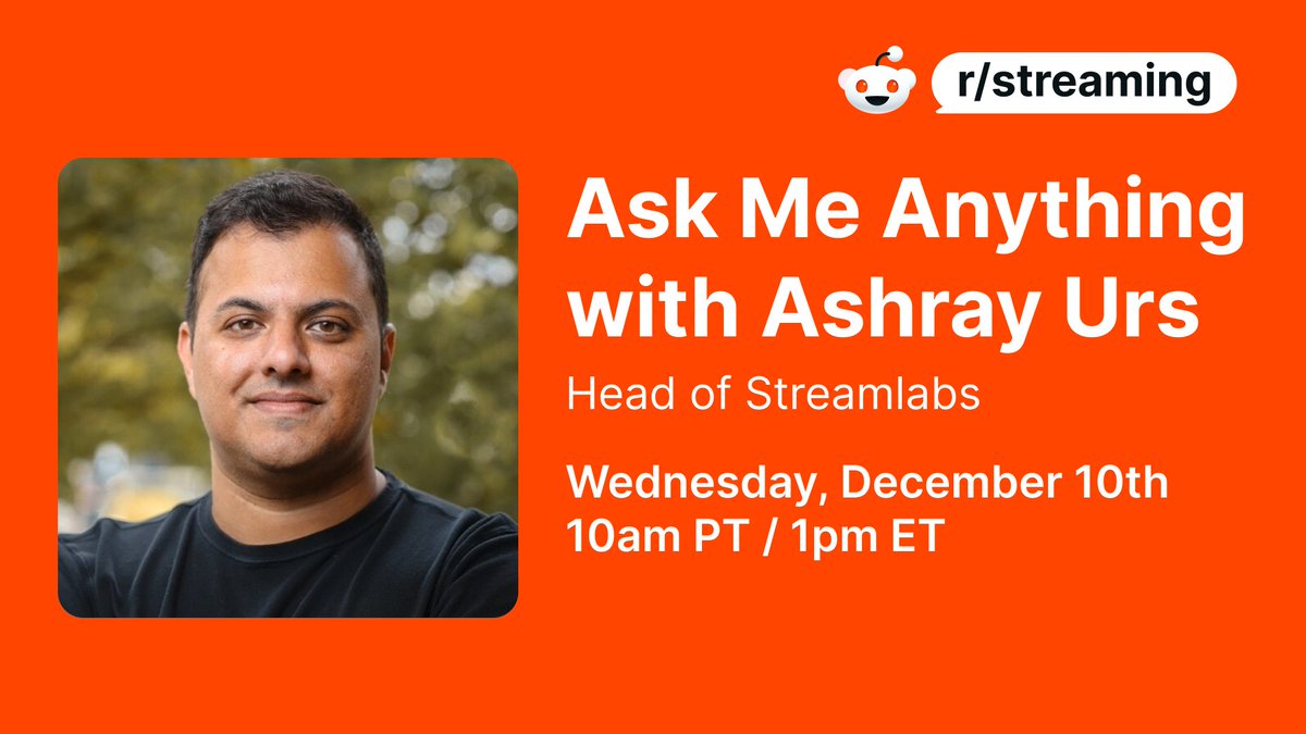We'll be hosting am AMA on r/Streaming with @ashrayurs December 10th at 10AM PT/1PM ET!

We're really excited for this opportunity to field questions from the community and talk about the future of Streamlabs

Post your questions here: bit.ly/3MFrM5O

We look forward to