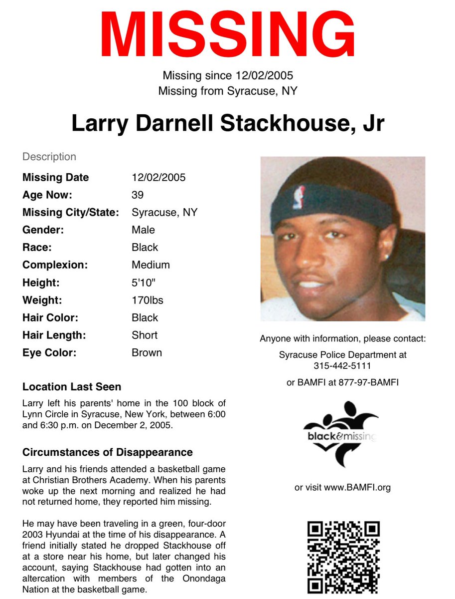 #FindingFriday: #Syracuse, #NY: Tues marked 20yrs since then 19y/o #LarryStackhouseJr vanished. He was last seen leaving his parents' home in the 100blk of Lynn Circle between 6-6:30pm on Dec 2, 2005. He &amp; his friends attended a basketball game at Christian Brothers Academy. He