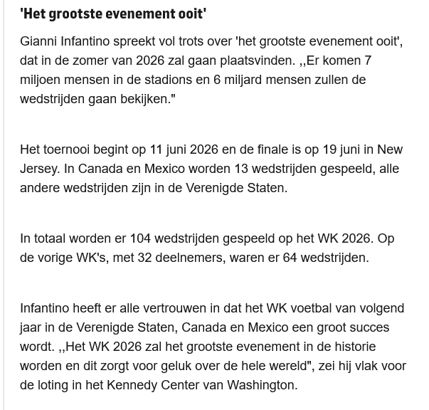 Infantino is echt rijp voor een gesticht met dwangbuis.
zo'n 75% van de Amerikanen heeft geen idee wat de regels van voetbal zijn.
Hij voorspelt 7 miljoen bezoekers waarbij hij volledig voorbij gaat aan de strengere visum regels voor Amerika die veel mensen zal weigeren.