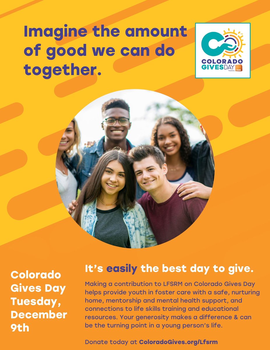 This #ColoradoGivesDay make a difference to a young person in foster care. Your donation to LFSRM helps provide safe, nurturing homes, mentorship &amp; more. Give $100+ to be automatically entered in hourly drawings to win Southwest Airlines tickets. Donate at ColoradoGives.org/Lfsrm