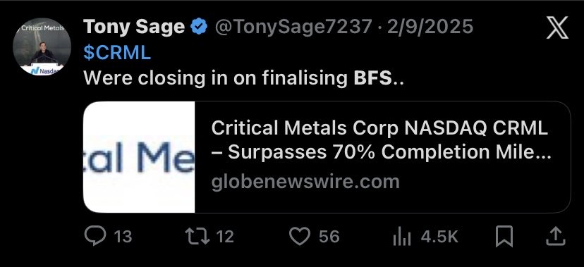 Maritto_bk's tweet photo. Another delay for $CRML with BFS, in line with the performance awards in $EUR for directors.
There’s stability in the delays, and it should be rewarded.

BFS coming Q4. (2026) https://t.co/jlP9usBsu8