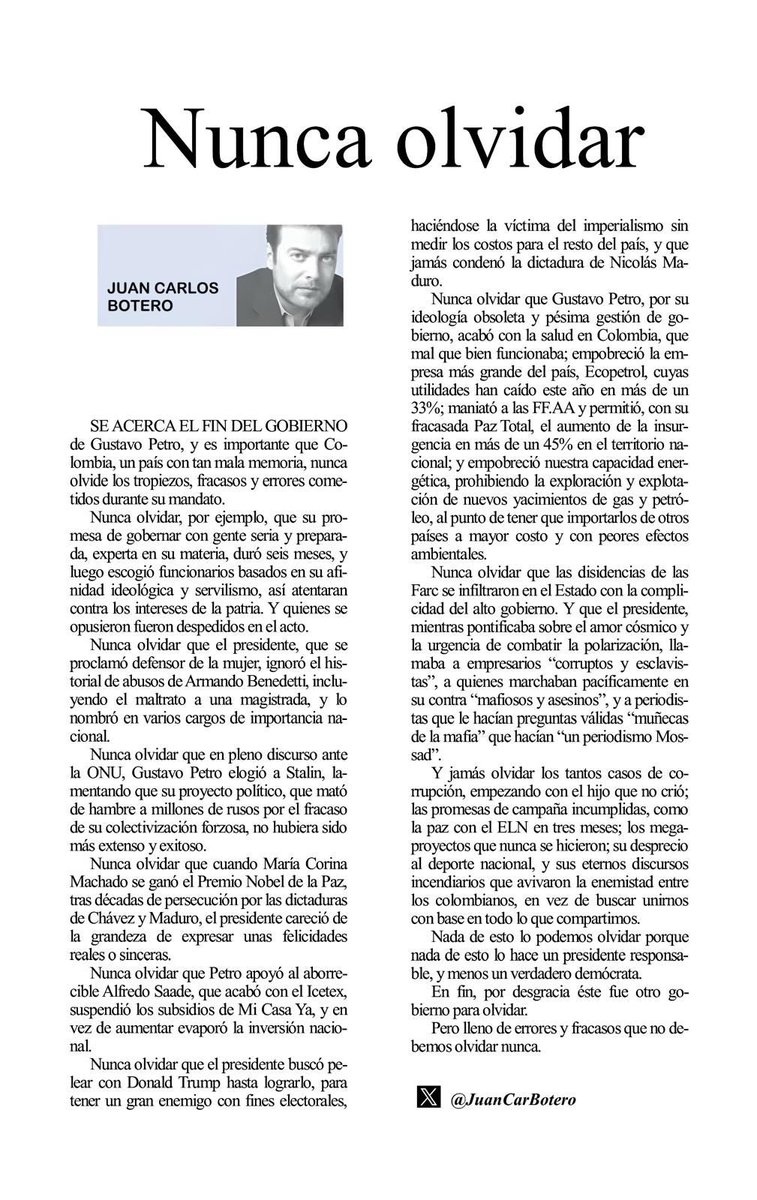 JuanCarBotero's tweet photo. “Por desgracia, éste fue otro gobierno para olvidar.
Pero lleno de errores y fracasos que no debemos olvidar nunca”.
Aquí la versión en papel de mi columna
“Nunca olvidar”
en @elespectador y @EEopinion https://t.co/jNPPf58Lvm