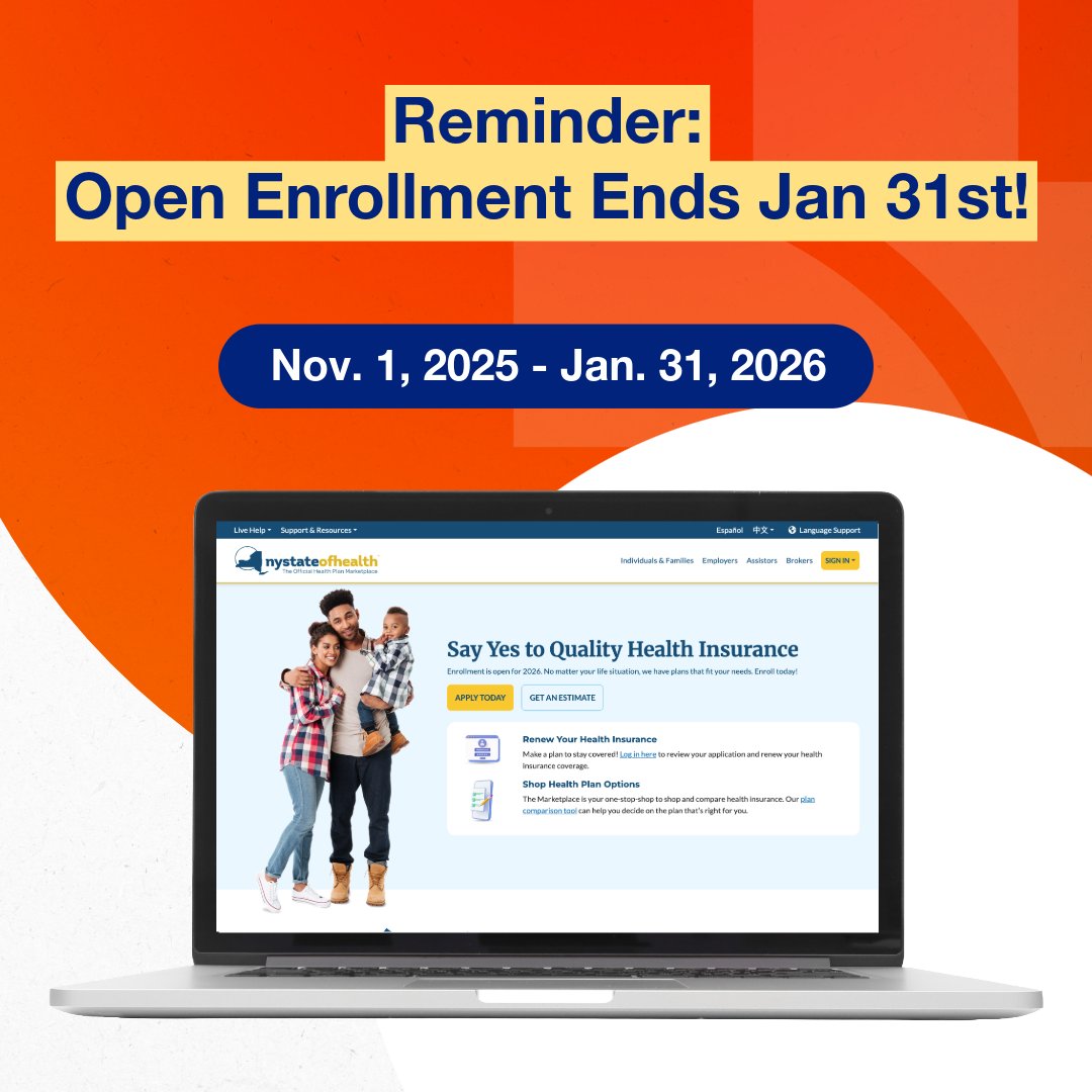 HealthEdProject's tweet image. Still need health coverage for 2026? You’ve still got time, New York! 🍎🏥

Open Enrollment for 2026 health insurance ends January 31, 2026. Don’t start the year uninsured.

👉 Get started: nystateofhealth.ny.gov #NYStateOfHealth #OpenEnrollment #GetCoveredNY