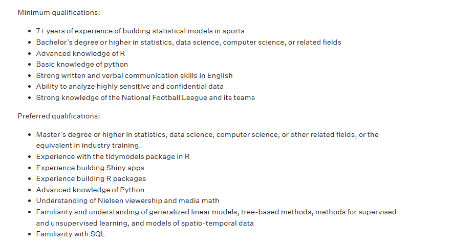New role at the NFL league office, building and validating statistical models for game competitiveness and viewership job-boards.greenhouse.io/nflcareers/job…
