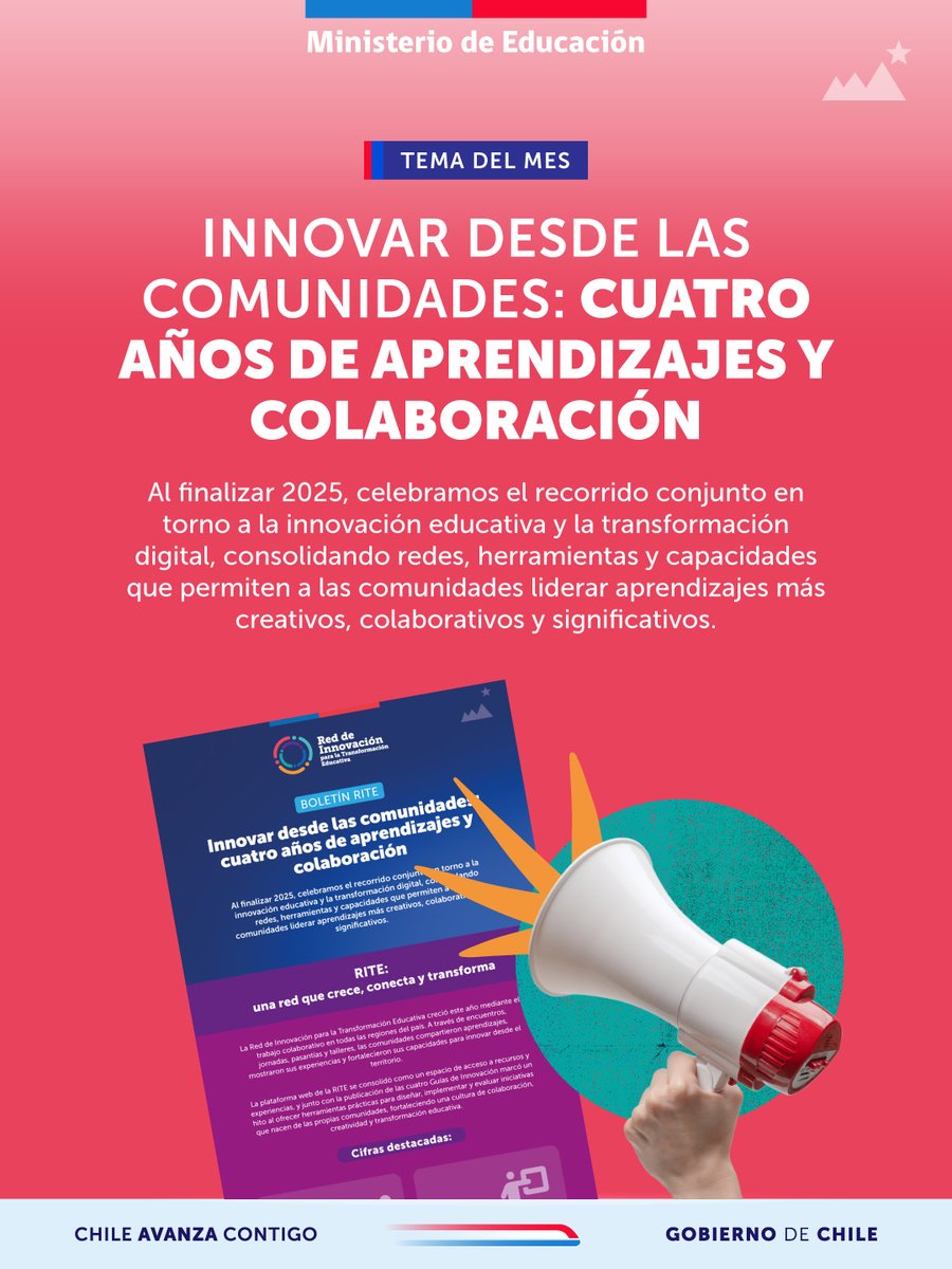 📣 Este mes en la Red de Innovación para la Transformación Educativa (RITE) celebramos cuatro años de aprendizajes, colaboración y desarrollo de capacidades que han fortalecido la innovación educativa en territorios de todo el país.

🔗 Conoce más en rite.cl
