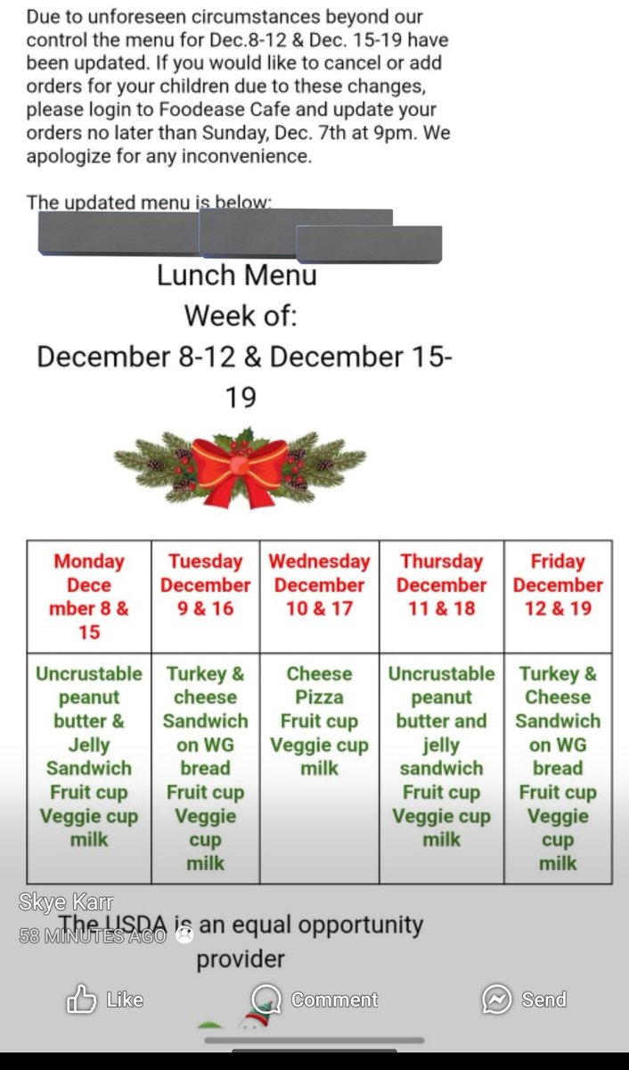 K&amp;W a restaurant chain that caters lunches for a number of NC schools declared bankruptcy leaving us and many others with no lunch service. This is now our menu for next 2 weeks of school. 

Note we aren't allowed to send peanut items in lunch boxes due to allergy concerns