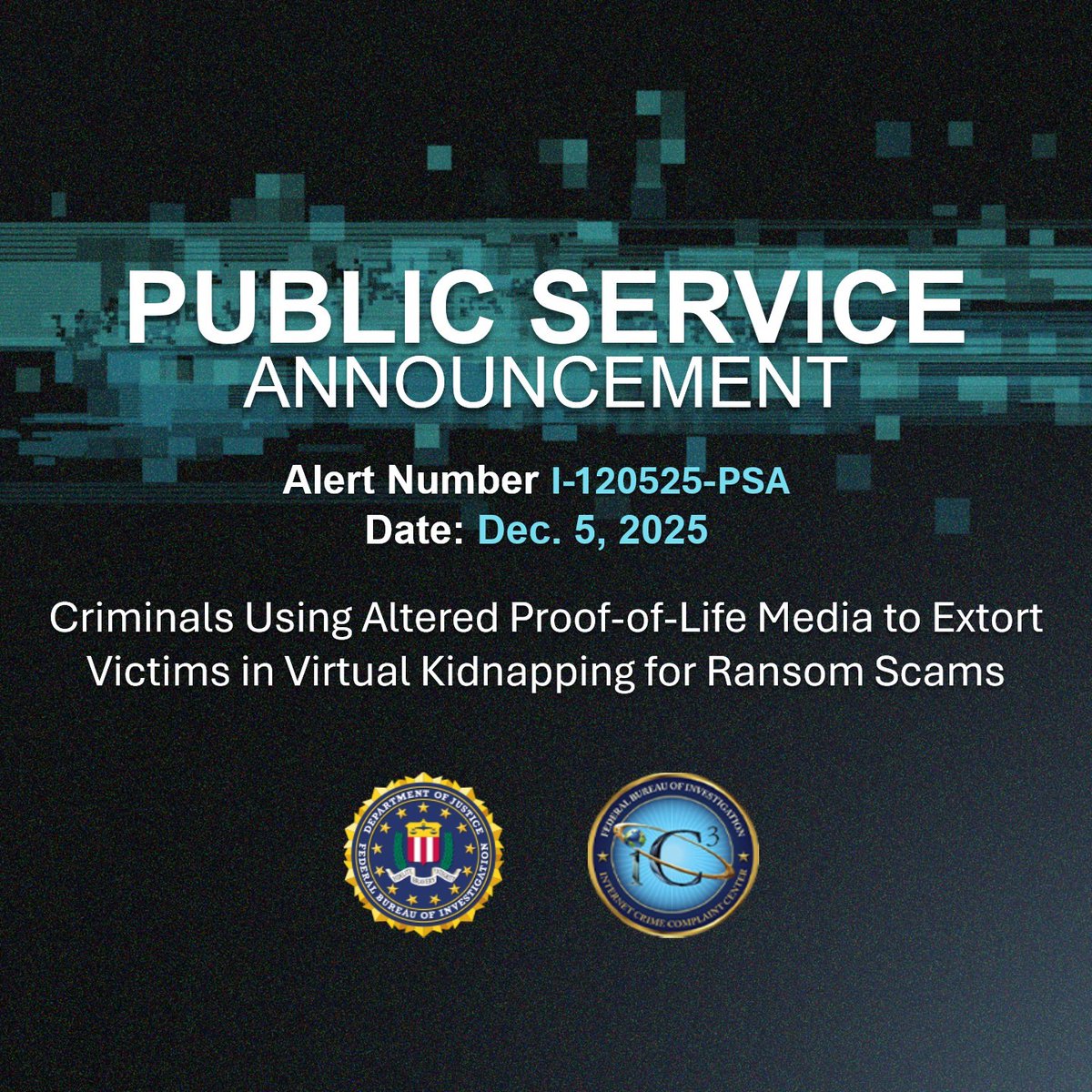 FBIBoston's tweet photo. The #FBI is warning the public about criminals altering photos found on social media or other publicly available sites to use as fake proof of life photos in virtual kidnapping for ransom scams. Read this latest public service announcement & learn how to protect yourself: https://t.co/lahVsOvfNF