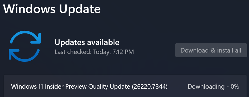 ErikMoreau's tweet photo. #Flighting Windows 11 Build 26220.7344 in the #DevChannel โจ@windowsinsider @DJ_EddieL @NorthFaceHiker @JenMsft @amanda_lango @maisondasilva @megahoch @brandonleblanc @JamesvandenBerg @aavdberg #areyouflightingyet #WindowsInsiders https://t.co/Xl9YXU9tQJ https://t.co/Mi7MNW8tqX