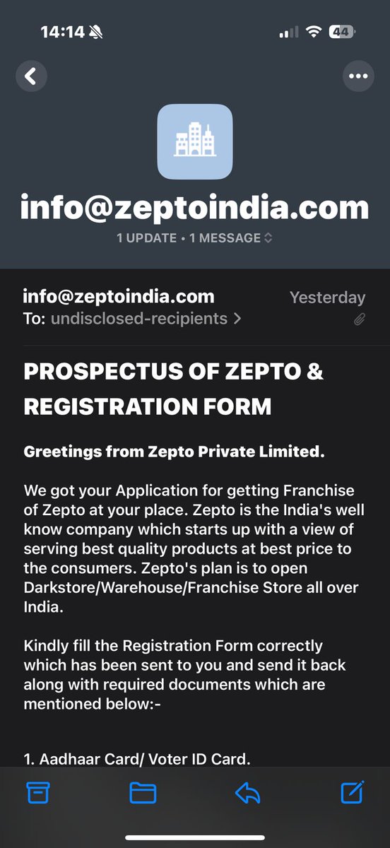 WhoPuneetShukla's tweet photo. @zeptocares @ZeptoNow 
I have received this mail i am attaching the screenshot of it. Can you please check it and let me know if its a genuine mail from zepto or a scam regarding franchise. https://t.co/OrCMEuPann