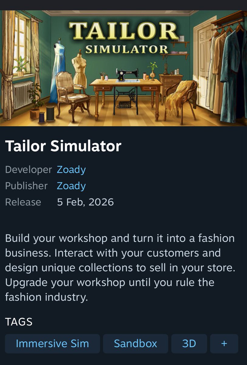 SpikesVA's tweet photo. Thanks to @YunaLuvGames I have new game to add to my to stream list!
Meet Tailor simulator: a non ai, pro Palestine team made game that looks like a lot of fun's can't wait for it to come out will be playing demo in stream some time #streamingsoon #gamerec #FreePalestine https://t.co/HSqANVwvXx