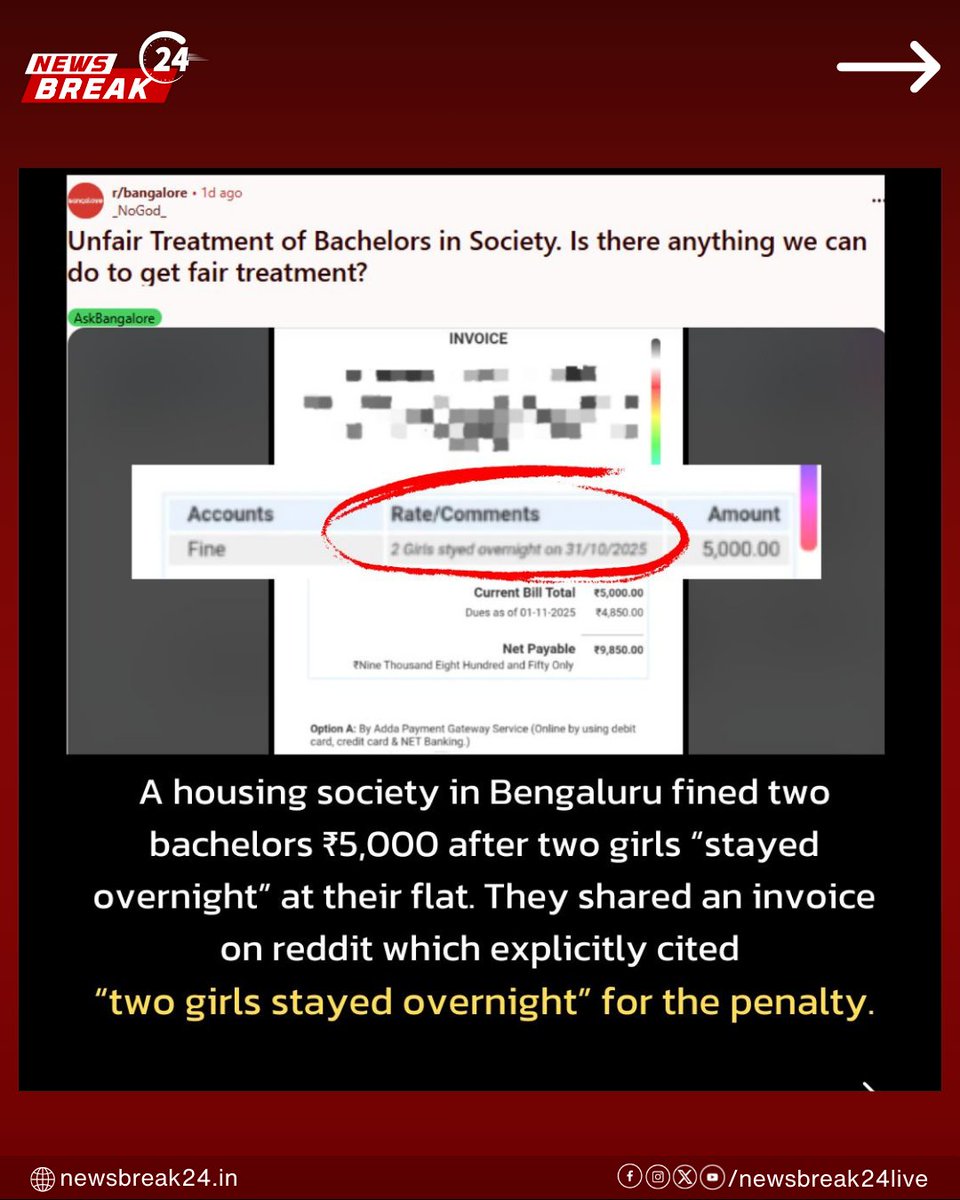 NewsBreak24Live's tweet photo. A Bengaluru society fined two bachelors ₹5,000 for having girls stay overnight, sparking outrage online over its discriminatory rule.
.
.
.
.
#BengaluruNews #HousingSocietyControversy #ViralStory #DiscriminationAlert #TrendingNow #SocialMediaBuzz #InclusiveLiving https://t.co/brgH1ddiQT
