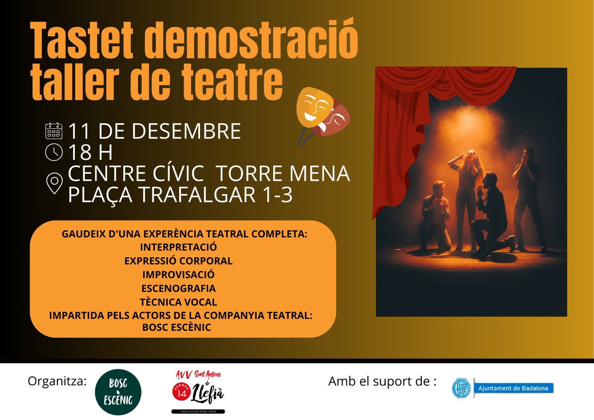 Teatre com a eina d'entreteniment, de canvi social i enriquiment emocional i intel•lectual del veïnatge.
Us esperem per fer un tastet del taller de teatre que organitzem properament amb la companyia Bosc Escènic

🗓️ Dijous 11/12 
🕕 18h 
📍Torre Mena