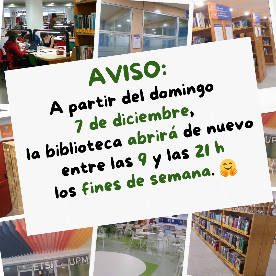 📢 AVISO:
🗓️ A partir del domingo 7 de diciembre,  la biblioteca abrirá de nuevo entre las 9 y las 21 h los fines de semana. 🤗