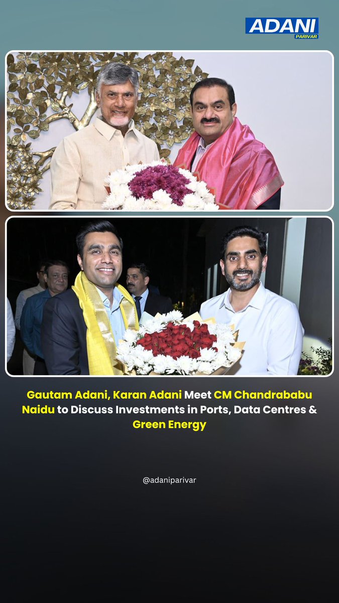 AdaniParivar's tweet photo. Gautam Adani and Karan Adani met Andhra Pradesh CM N. Chandrababu Naidu to discuss large-scale investments in infrastructure, green energy, data centres, ports &amp; industrial development in the state. A major boost for Andhra Pradesh’s growth vision.

#Dhurandhar https://t.co/SjYK1PPfkr