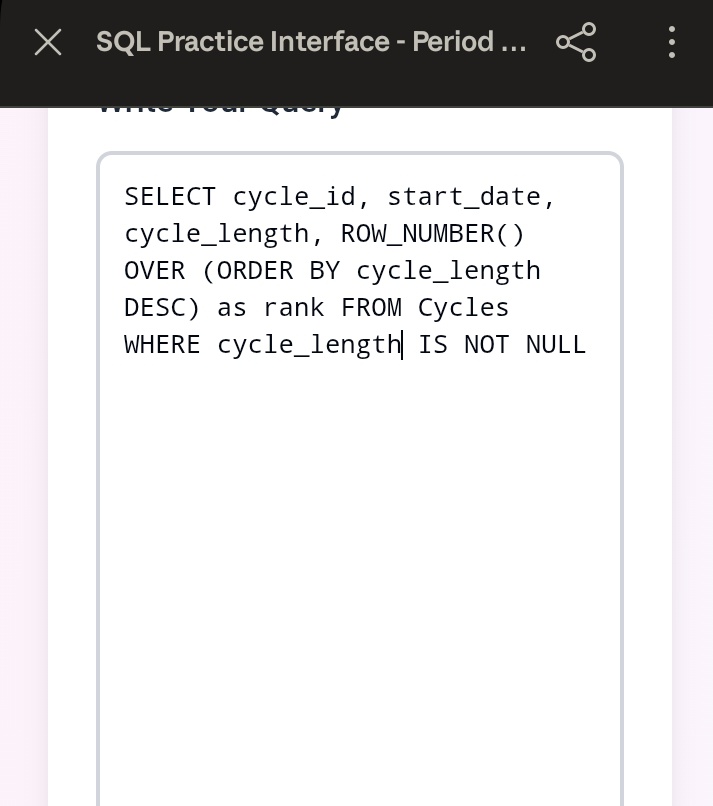 aazukie's tweet photo. Day 25 ✨
Final push with:
.CASE statements (categorization)
.Window functions (ranking)
✨ 25 days complete ✨
#25daysofdatawithwida
#SQL 
#DATA 
#Learning https://t.co/UzZzCbwiYg