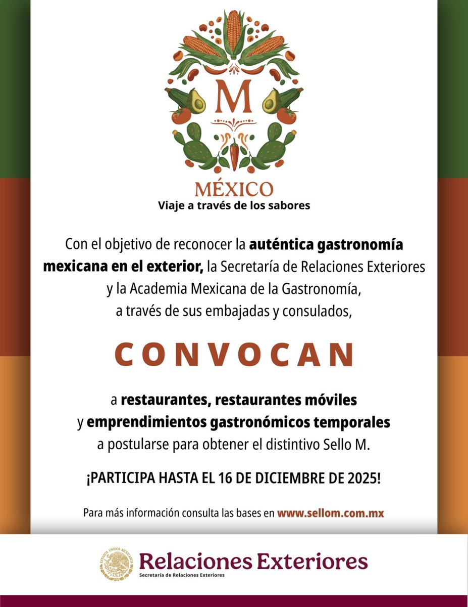 🍽🇲🇽 Participa en en la convocatoria para recibir el “Sello M”, distintivo que reconoce la auténtica gastronomía mexicana en el exterior.

Consulta las bases y más información en: sellom.com.mx