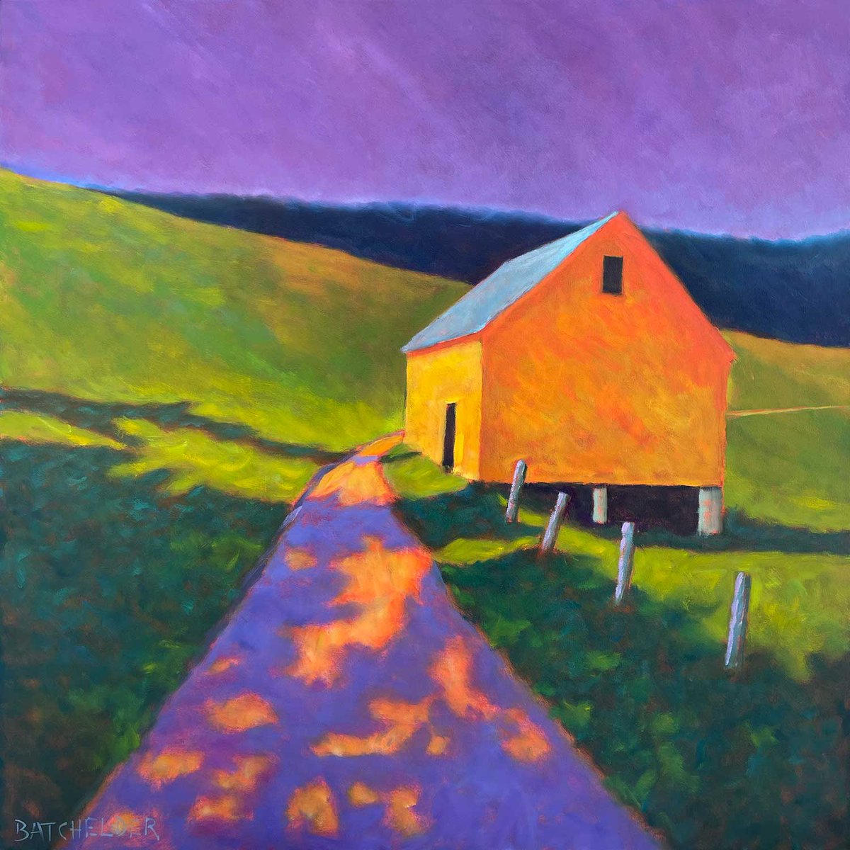 The creeping shadows of trees outside the picture had just about reached the yellow barn, and ultimately would have had I been there an hour or two later. This is a scene in a small, rural town in Vermont I came across years ago, and may (or may not) still be there. “Westwardly