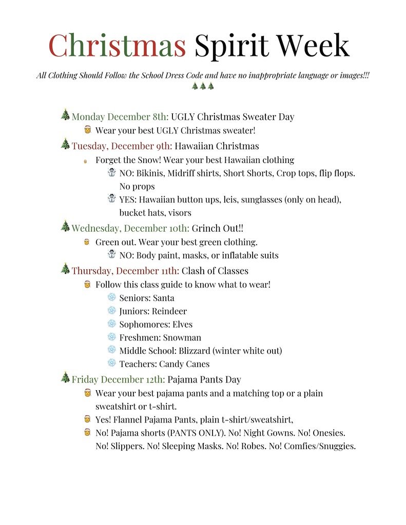 It's a Christmas Spirit Week next week!  Join in the fun each day!!  #spiritweek #chs