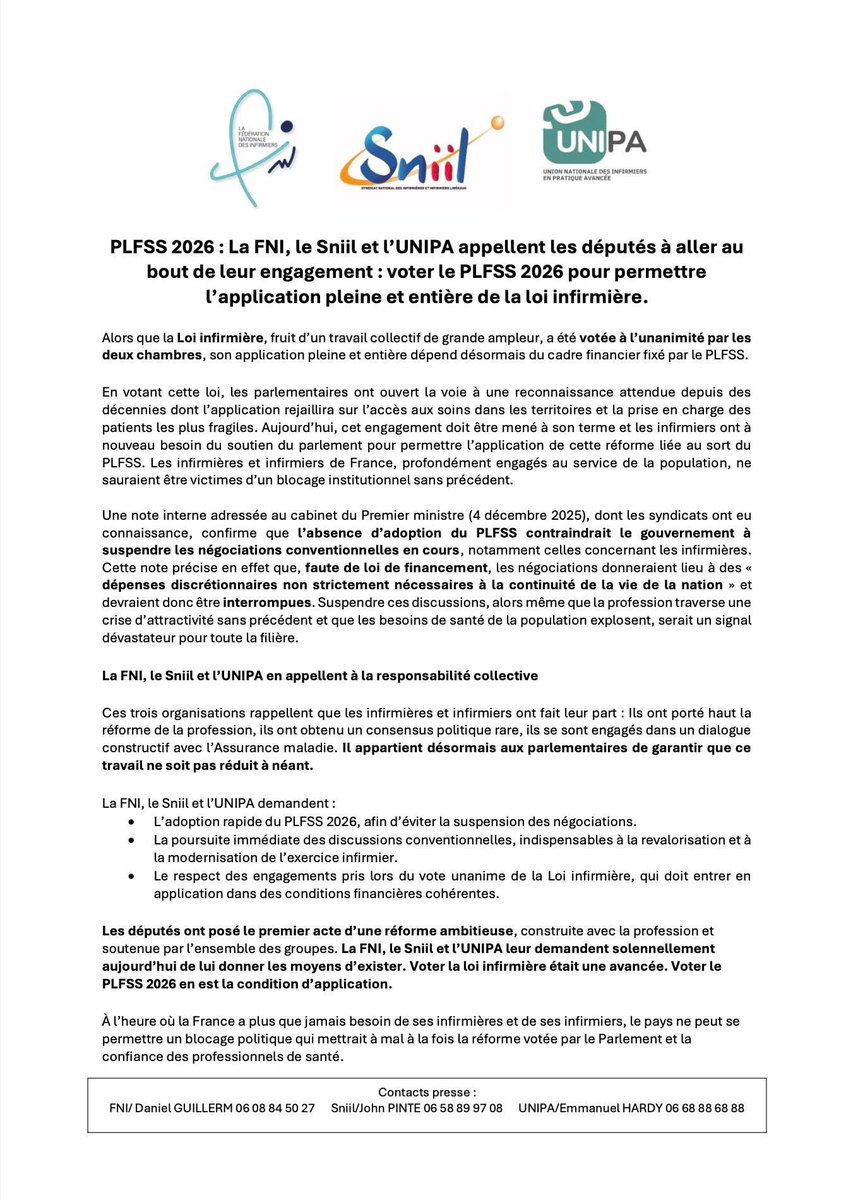 FNIofficiel's tweet image. Voter la loi ne suffit pas : maintenant, il faut la faire vivre !
La Loi infirmière a été votée à l’unanimité. Une victoire historique, obtenue après des années de mobilisation.
Mais aujourd’hui, cette avancée majeure risque d’être enterrée si le PLFSS 2026 n’est pas adopté.

Une…