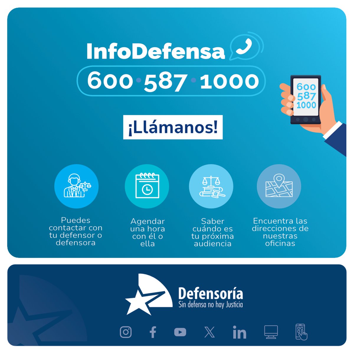 DPP_Nuble's tweet photo. #Ñuble📞 ¿Necesitas contactar a tu defensor o defensora? Llama a 600 587 1000. Información sobre audiencias, contacto y más. #InfoDefensa #AccesoALaJusticia https://t.co/ltlFcOp7M5