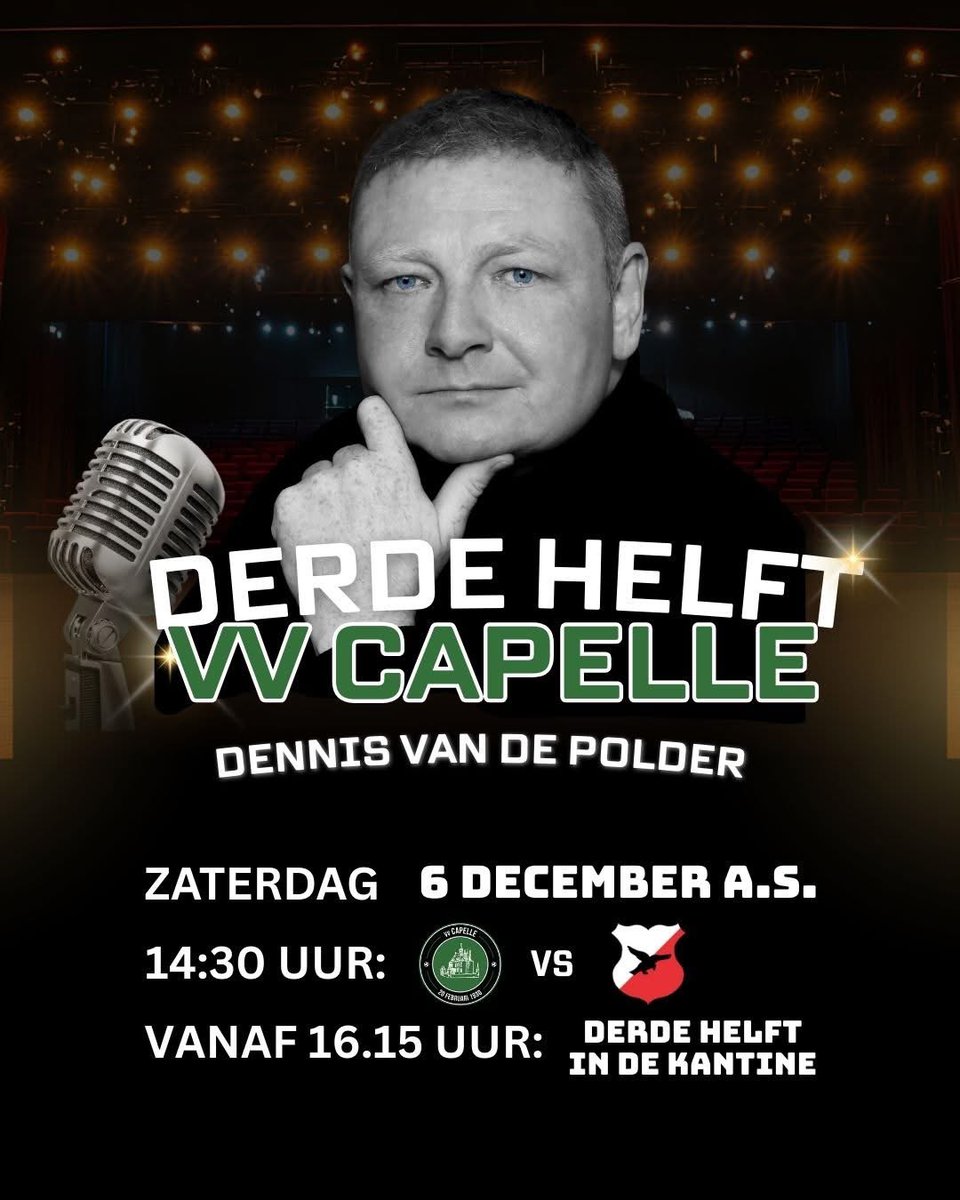 ⚽️💚🖤⚽️💚🖤⚽️💚🖤⚽️
🗓️ zaterdag 6 december 
🆚  <a href="/vv_capelle/">V.V. Capelle</a> - <a href="/hbscraeyenhout/">HBS Craeyenhout ⚽️🏑🏏</a> 
🏆 <a href="/vierdedivisie/">vierdedivisie</a> 
🏟️ Sportpark ‘t slot 
📌 Capelle aan den IJssel  
🕟 14:00
🎤3e helft Dennis van de Polder