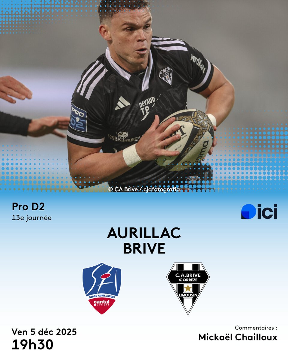 icilimousin's tweet photo. 💥 JOUR DE MATCH 💥
🏉 Le CA Brive se déplace à Aurillac pour la 13e journée de Pro D2
⚪⚫ Coup d'envoi 19h30. Avant match dès 19h20 avec Mickaël Chailloux depuis le stade Jean-Alric🎙
#ALLEZBRIVE #Rugby #SACAB 🏉⚫⚪
➡️ https://t.co/QaoVdsrVsZ https://t.co/15IW2rRvAm
