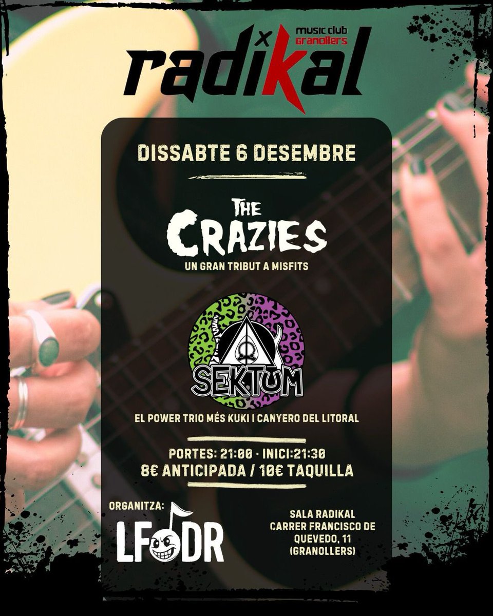 Agenda⚡️RADIKAL⚡️Granollers
👉 <a href="/arcadakoncerts/">l'Arcada Koncerts</a> 
Dissabte 6/12/2025
Portes 21.00h Inici 21.30h
8€/10€ &gt; web.fourvenues.com/ca/radikal/eve…
✖️ THE CRAZIES 
Un gran tribut als Misfits!
✖️ SEKTUM
Power trio de punk més kuki i canyero del litoral
Org. La Fábrica del Ruido
#radikalgranollers